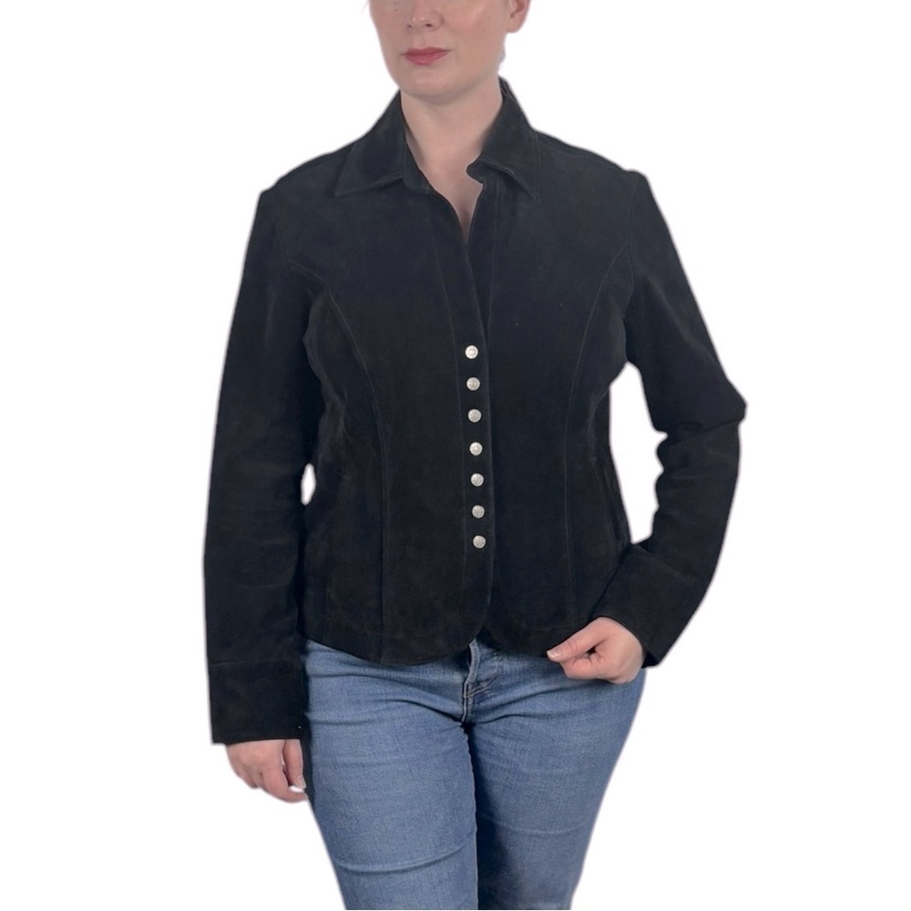 Dressbarn Y2k Black Suede Fitted Snap Front Tailored Leather Jacket